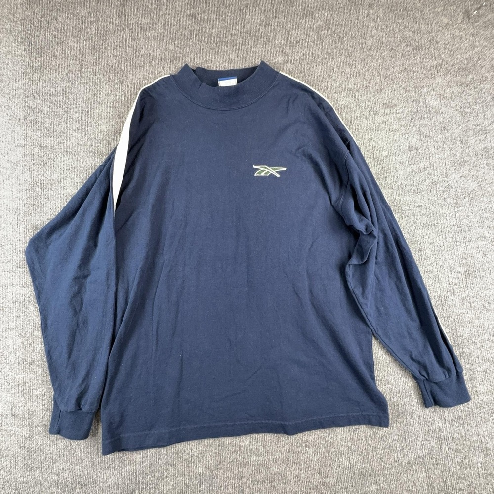 Reebok Shirt Mens Large Blue Long Sleeve Mock Neck Logo Stripe Cotton Athletic